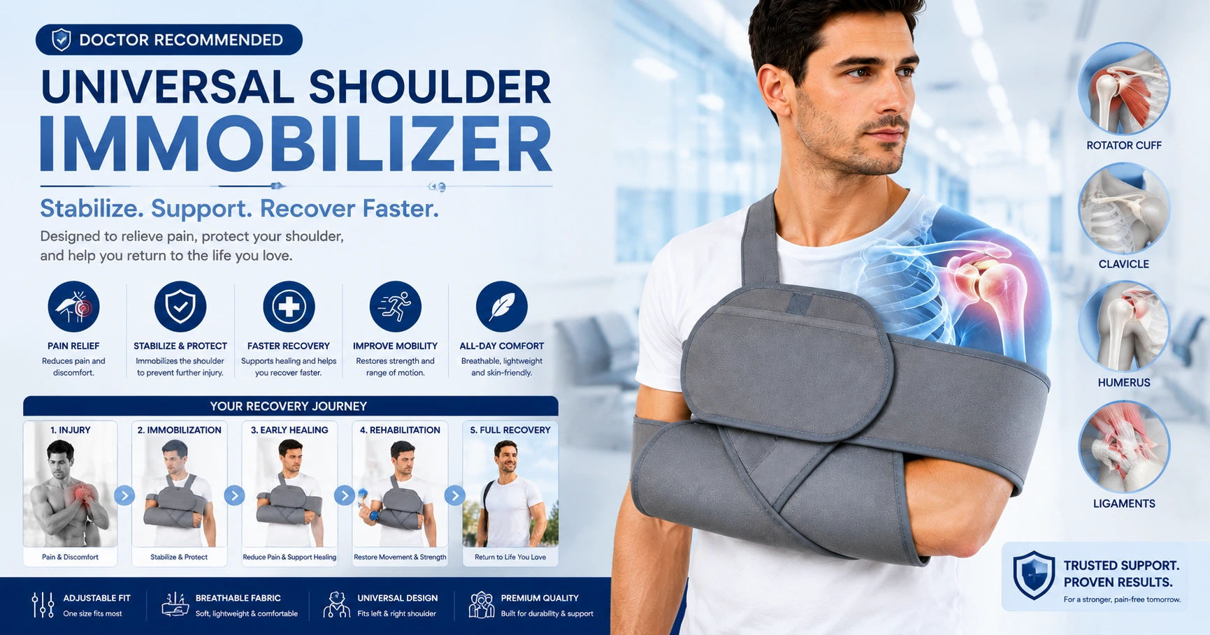 Universal Shoulder Immobilizer for Shoulder Injury Recovery and Post Surgery Support